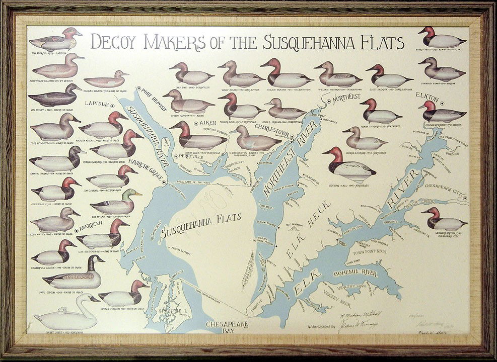Framed print "Decoy Makers of the Susquehanna Flat: Framed print "Decoy Makers of the Susquehanna Flats", printed signature lower left Harry Jobes 1959, pencil and plate signed Paul W. Shertz 4/6/77, pencil numbered 190/1200, sight size 23 1/2" x 33",