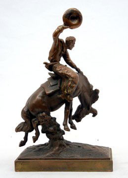 , French bronze clad bronco rider statue, by Paul: , French bronze clad bronco rider statue, by Paul Herzel, bronze over plaster, base engraved "The Saddle Horse Ass'n of Phila Nov. 23rd 1928, Child Rider 1st Prize, Donor W. Albert Hernig", 11 1/4" hi