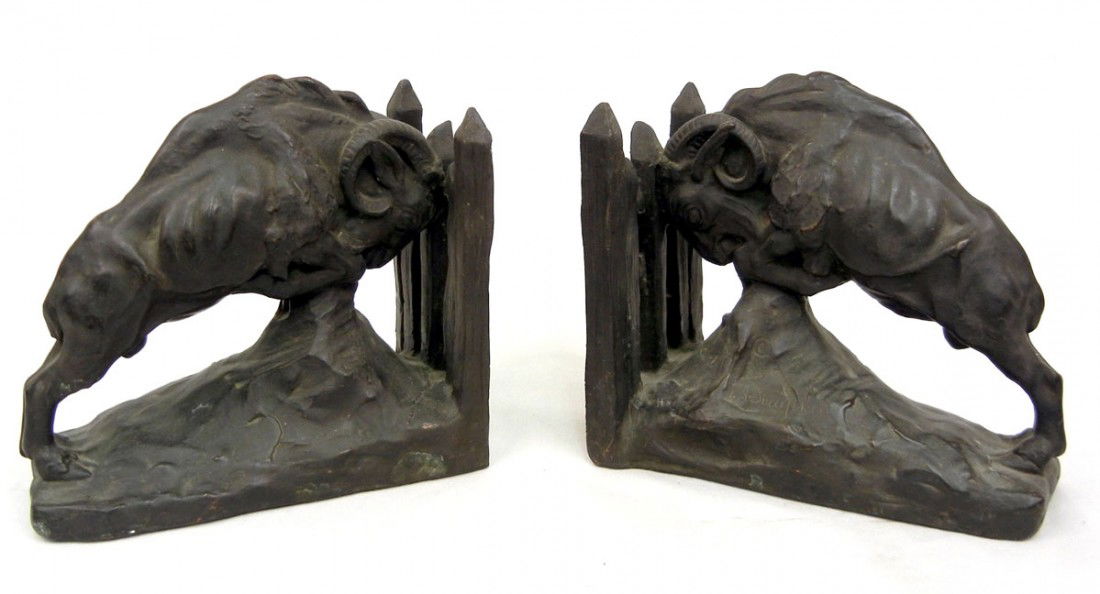 Pair of bronze over plaster ram bookends signed J.: Pair of bronze over plaster ram bookends signed J. Krupka, dated 1914, 8" x 8 1/2" x 5"