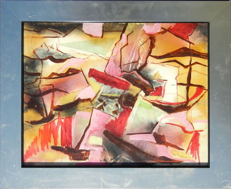 Jos. Meierhans oil on board, abstract, signed lowe: Jos. Meierhans oil on board, abstract, signed lower right, sight size 16" x 20", frame size 20" x 24 1/4", on reverse "Code A-10, painted by Joseph Meierhans