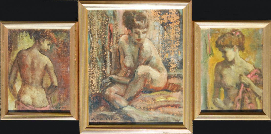 H. (Harold) C. Wolcott oil on board, three oils on: H. (Harold) C. Wolcott oil on board, three oils on canvas, female nudes, signed lower left and lower right, sight sizes (two) 8 1/2" x 6", and 11 1/2" x 9 1/2", frame sizes (two) 10" x 7 3/4" and 13 1