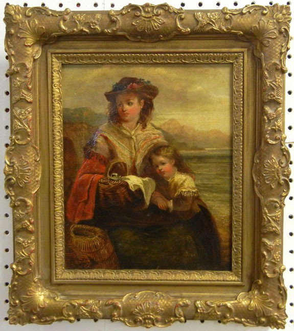 Continental School oil on canvas, mother and child: Continental School oil on canvas, mother and child in landscape, unsigned, sight size 12" x 9 3/4", frame size 17 1/4" x 15"