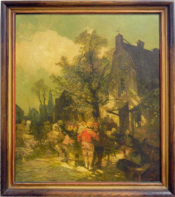 C. (Carl) Duxa oil on canvas, village scene, signe: C. (Carl) Duxa oil on canvas, village scene, signed lower center, 19th - 20th C. Austrian, sight size 23 1/2" x 19 1/4", frame size 27" x 22 1/2"