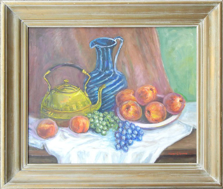 Mildred S. Gehman oil on canvas still life with fr: Mildred S. Gehman oil on canvas still life with fruit, signed lower right, 20th C. American, sight size 20" x 24", frame size 26" x 30"