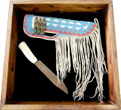 Sioux ceremonial elk antler handled knife with bea: Sioux ceremonial elk antler handled knife with beaded scabbard, by Chief Dennis Eaglehorse Lakota Sioux, Lower Bruell, South Dakota, in display case 19" x 19" x 4 1/2"