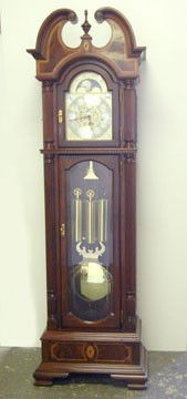 Sligh inlaid mahogany cased grandfather's clock wi: Sligh inlaid mahogany cased grandfather's clock with moon phase dial, Model 0960-1-CM, 85 1/2"