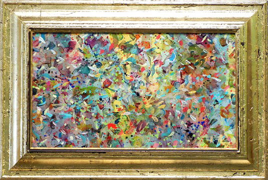 Jane Gilday acrylic on board, abstract "Blossoms: Jane Gilday acrylic on board, abstract "Blossoms Atop River in Springtide", signed lower right, 21st C. American, sight size 10" high x 18" wide, frame size 15 3/4" high x 23 1/4" across, artist's nam