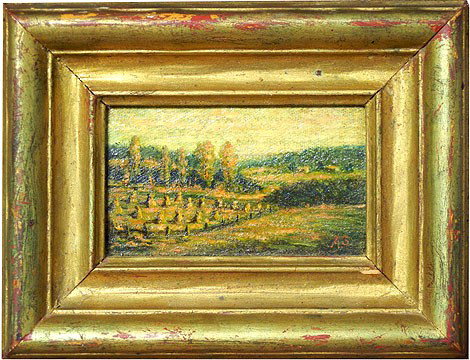 A. (Amos) S. (Shontz), oil on wood panel,: landscape "Buckingham, Penna", initialed lower right, 20th - 21st C. American, sight size 2 3/4" x 4 1/4", frame size 5 1/8" x 6 5/8", artist's name and painting title on reverse
