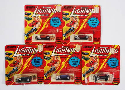 1969 Johnny Lightning '32 Ford Hot Rods: Original 1969 Topper Toys Johnny Lightning five piece '32 Ford Hot Rods grouping, all are still sealed in their original carded blister packaging