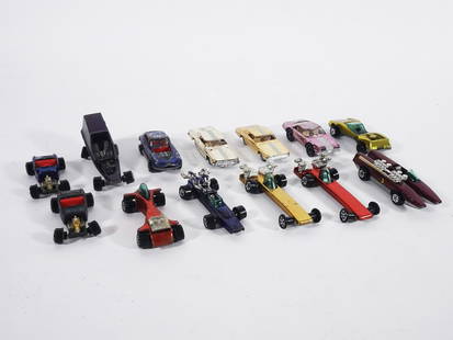 1960's Aurora and Johnny Lightning Vehicles: Circa 1960's Aurora Cigar Box and Johnny Lightning thirteen piece vehicles grouping, Aurora #6108 Tornado and #6110 Thunderbird 6110 (qty 2), Johnny Lightning Condor, Custom XKE, Custom 32 Ford (qty