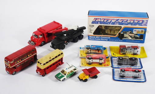 1960's-1980's Foreign Diecast Vehicles Grouping: Circa 1960's-1980's foreign diecast vehicles twelve piece grouping, 1960's Dinky Toys Routemaster Double Decker Bus, 1960's Tekno Falck Zonen Fire Engine, 1971-1974 Corgi Toys London Transport Routema