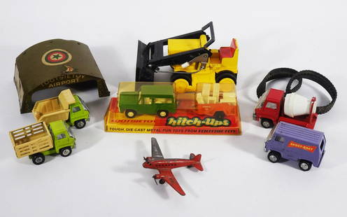 1930's- 1960's Tootsietoy and Marx Vehicles Grouping: Circa 1930's & 1970's Tootsietoy and Louis Marx Inc. diecast and pressed metal vehicles seven piece grouping, 1930's Tootsietoy TWA NC 101Y Airplane with Tootsietoy Airport Hanger, 1970's Tootsietoy