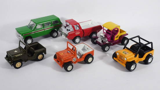 1970's Mini Tonka Vehicles Grouping: Circa 1970's Tonka Toys Mini Tonka pressed metal vehicles six piece grouping, #1020 Mini Bone Bruzzer, #1030 Mini Jeep Dispatcher, #1040 Mini Jeep Commander, #1081 Jeep Wagoneer, #1265 Pony Puller