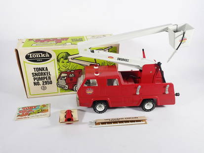 1970's Tonka Toys Snorkel Pumper Fire Truck: Circa 1970's Tonka Toys pressed metal No. 2950 Snorkel Pumper Fire Truck with its original box