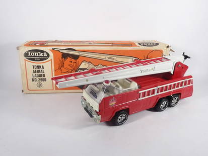 1970's Tonka Toys Aerial Ladder Fire Truck: Circa 1970's Tonka Toys pressed metal No. 2960 Aerial Ladder Fire Truck with its original box