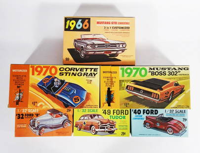 1960's-1970's Palmer Plastics Inc. Model Kits: Circa 1960's and 1970's Palmer Plastics Inc. 1/32 scale model kits six piece grouping with original boxes, '32 Ford "B" Roadster, '40 Ford Custom Convertible, '49 Ford Tudor, 1966 Replica Mustang GTO