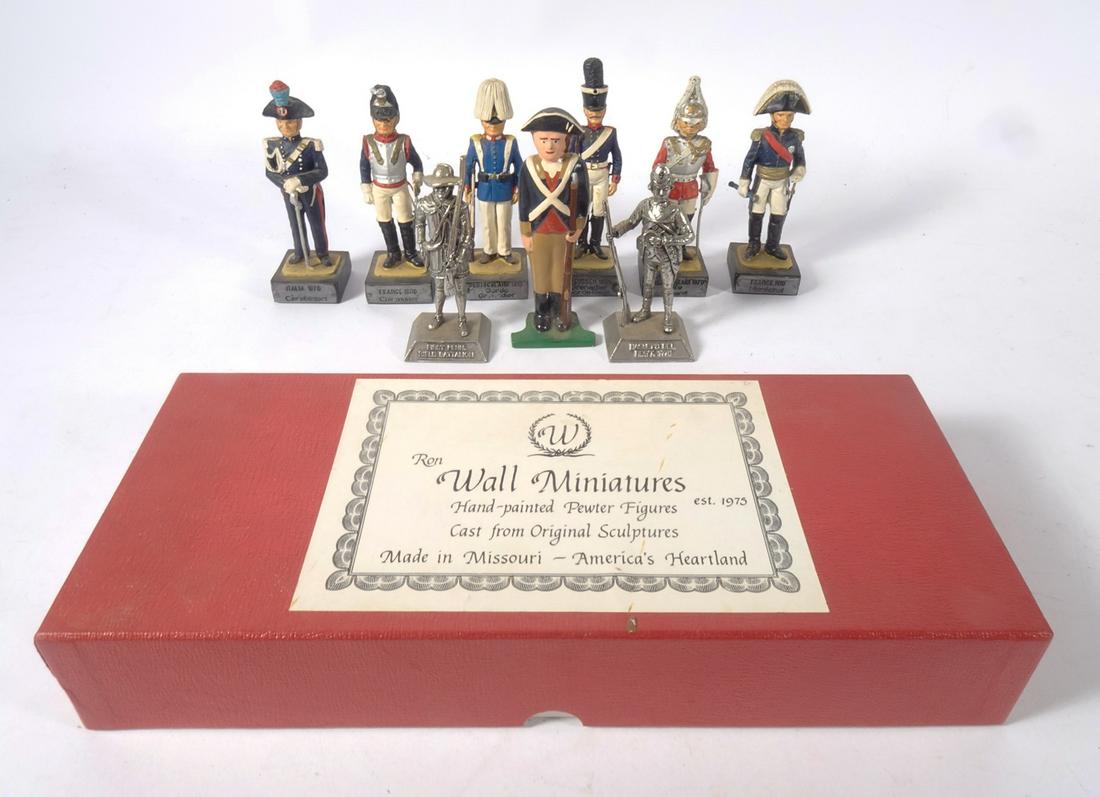 1990's Military Soldier Figures Grouping: Circa 1990's nine piece lead and pewter military soldier figures grouping, K & S pewter Haslets Del. Reg't 1776 and First Penn. Rifle Battalion, set of six made in Taiwan European/Continental soldiers