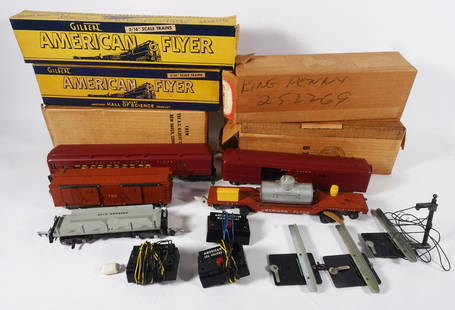 Post War American Flyer Trains Grouping: Circa 1953-1956 post war A.C. Gilbert Co. American Flyer S Gauge five piece train grouping, #648 Track Cleaning Car, #714 Log Dump Unloading Car, #718R New Haven Railway Express Agency Mail Pickup Car