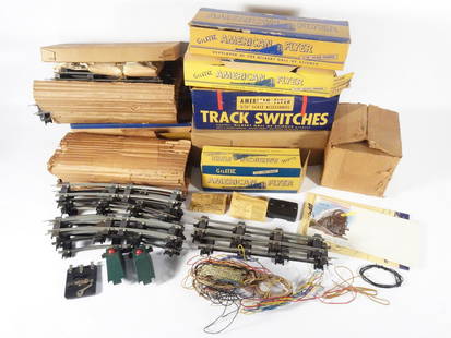 Post War American Flyer Track and Transformer: Circa 1950-1956 post war A.C. Gilbert Co. American Flyer S Gauge track and transformer grouping, No. 700 Straight Track, No. 702 Curved Track, No. 720A Remote Control Track Switches, No. 722A Manual