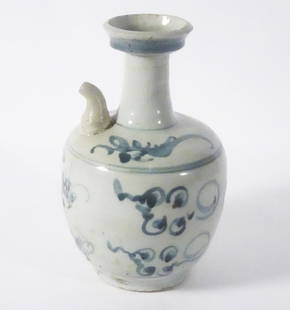 Korean Blue and White Pottery Wine Server: Korean blue and white pottery wine server, decorated with geometrical designs, unsigned, circa 16th c. Choson/Yi Dynasty period, 9" (h) x 5"