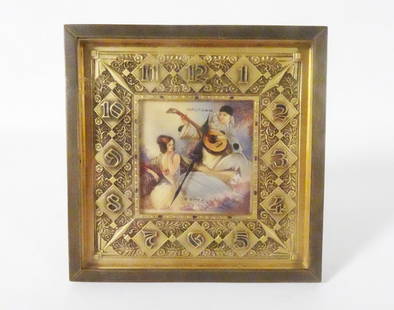 Waltham Clock Co. 8 Days Desk Clock: Waltham Clock Co. 8 Days desk clock, elaborate floral design brass clock face with Arabic numerals, centered on the clock face is a hand painted courting scene with a Pierrot figure serenading a