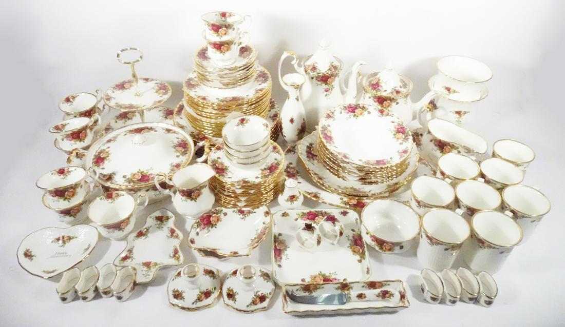 Royal Albert Old Country Roses China Set: Royal Albert English Bone China one hundred and seven piece china set, includes (16) 8 1/8” Salad Plate, (14) 6 ¼” Bread and Butter Plate, (9) 2 5/8” Footed Demitasse Cup, (8) 10 3/8” Dinner 