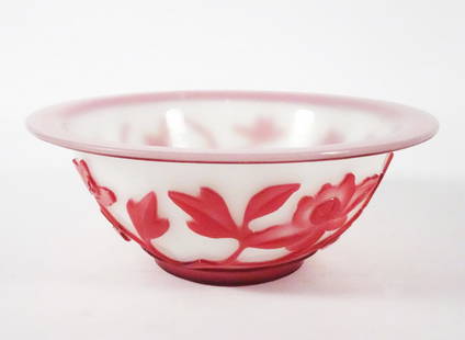 Chinese Peking Glass Bowl: Chinese Peking glass bowl, semi-opaque white ground with a red floral design and red rims, unsigned, circa early 20th c. to mid 20th c. People's Republic of China period, 2 1/2" (h) x 6 1/2"