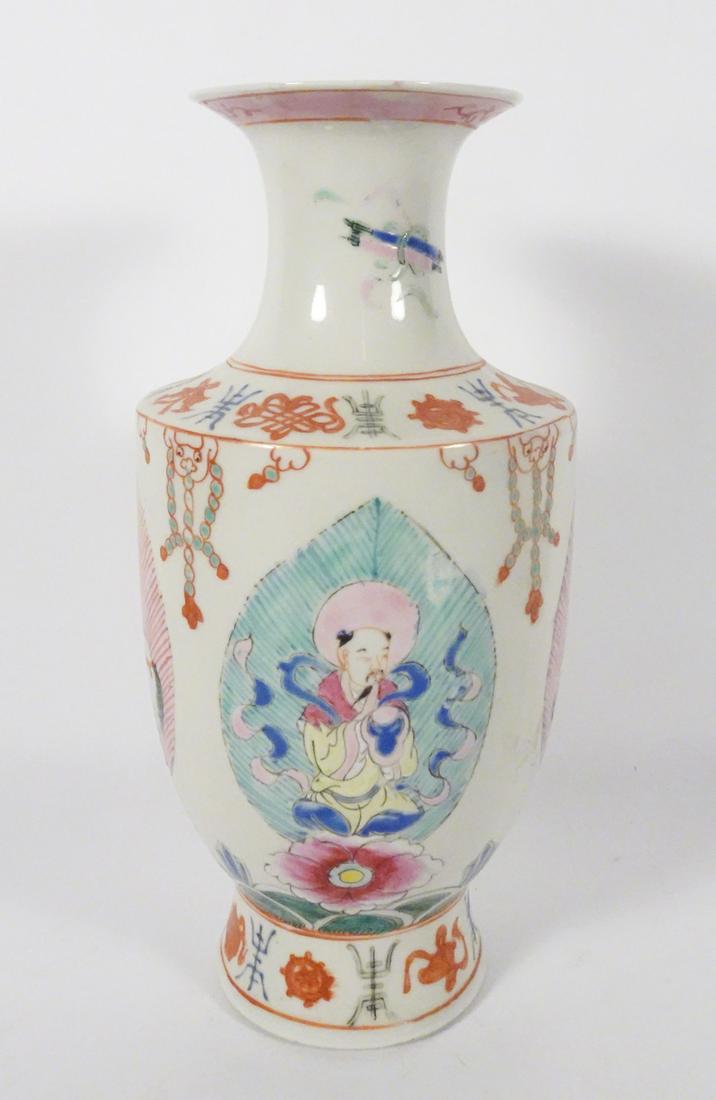 Chinese Export Porcelain Vase: Chinese Export porcelain vase, decorated with hand painted lotus leaf panels that have an Immortal, a Samurai and horse figures in the center, body of vase is decorated with assorted hand painted char