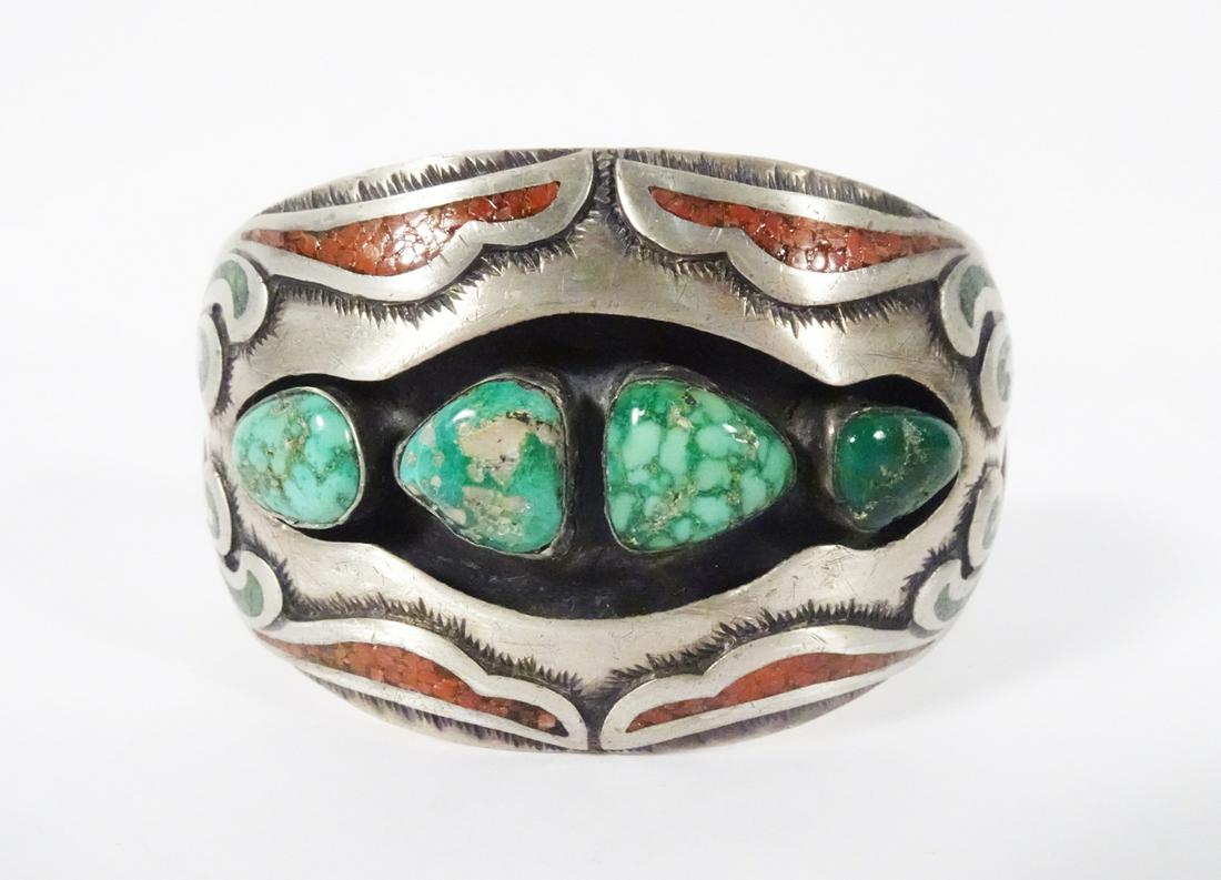 Sterling Shadowbox Turquoise and Coral Chip Cuff (1 of 3)