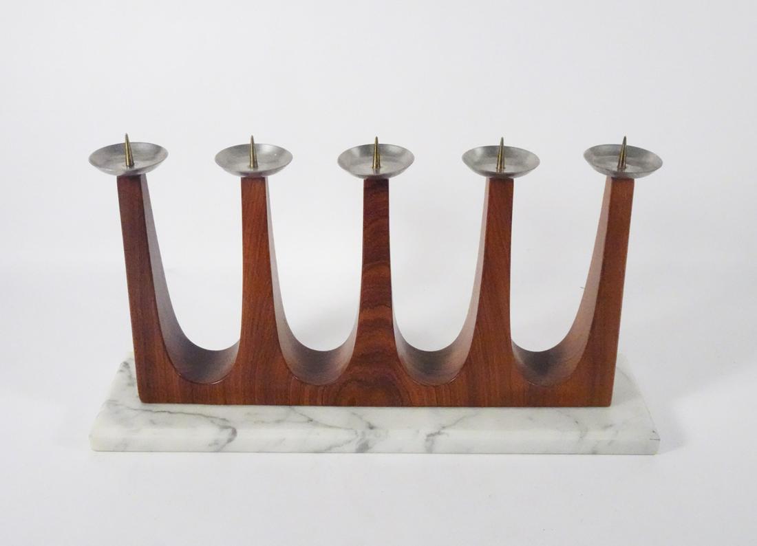 Mid Century Danish Modern Candelabra: Mid century Danish Modern candelabra, abstract form burl walnut with metal top mount five light candelabra that is mounted onto a white with black grain marble base, illegible marking with numbers on 