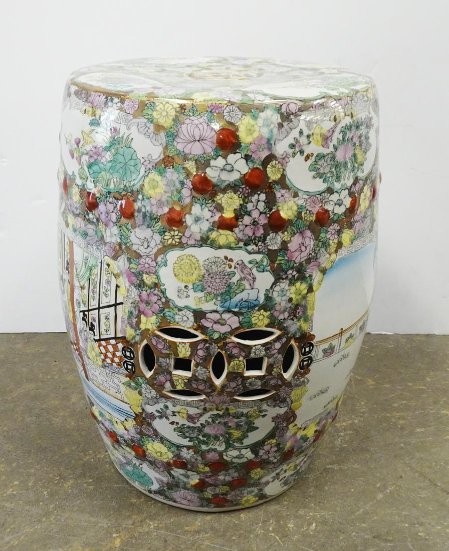 Chinese Export Porcelain Garden Seat: Chinese Export porcelain barrel form garden seat, decorated with hand painted courtyard scenes and floral motifs, 20th c., 18" (h) x 14" x 14"
