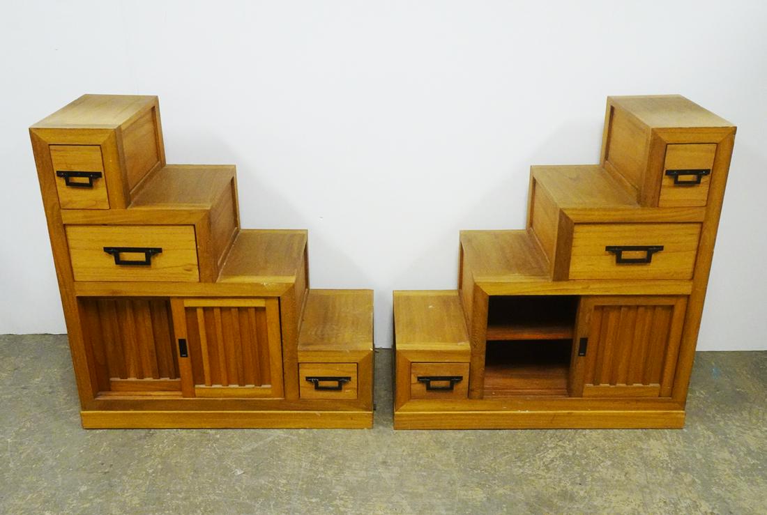 Pair of Japanese Wood Step Tansu Cabinets: Pair of Japanese wood step Tansu cabinets, circa mid 20th c., 35 1/2" (h) x 33 1/2" x 15"