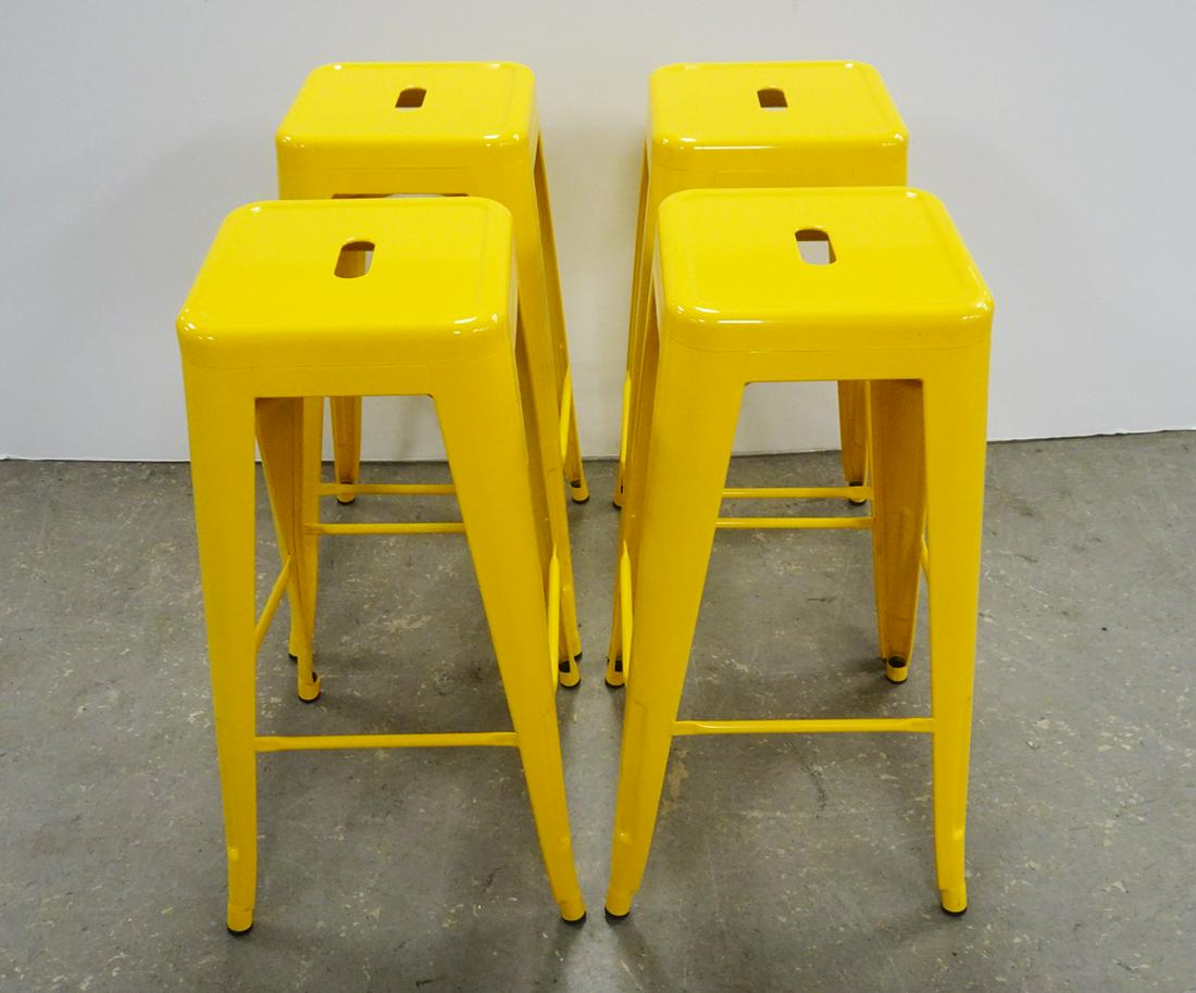 Set of Four Yellow Enameled Metal Stools (1 of 3)