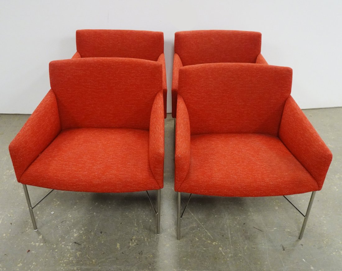 Set of Four HBF Relax and Lounge Chairs: Set of four HBF Relax and Lounge chairs, straight chrome legs, red upholstery, Keilhauer tag under each chair, 28" (h) x 27" x 21"