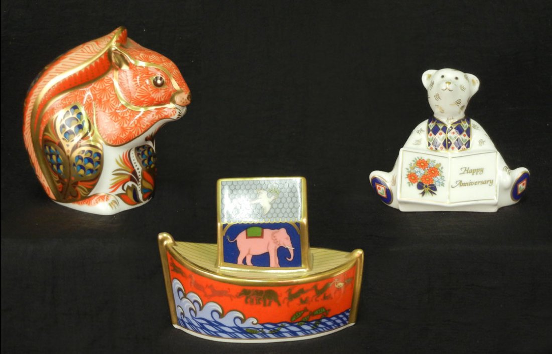 Three Royal Crown Derby figurines, including squirr: Three Royal Crown Derby figurines, including squirrel 3 1/2", Ark 3 1/2", and Happy Anniversary Bear 2 1/2", all marked on bottom