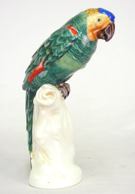 Herend porcelain green parrot figurine, hand painte: Herend porcelain green parrot figurine, hand painted, blue glaze mark and impressed Herend on bottom, 9 1/2", C. 1915-30s
