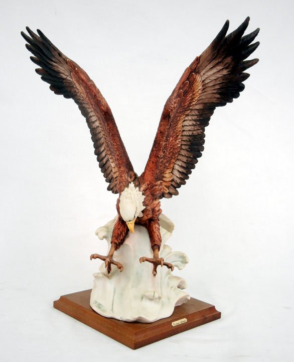 Giuseppe Armani Sea Eagle figurine, signed and blue: Giuseppe Armani Sea Eagle figurine, signed and blue mark stamped on back, attached to wooden base with brass plaque, 18 1/2" high x 15" across, C. 1973