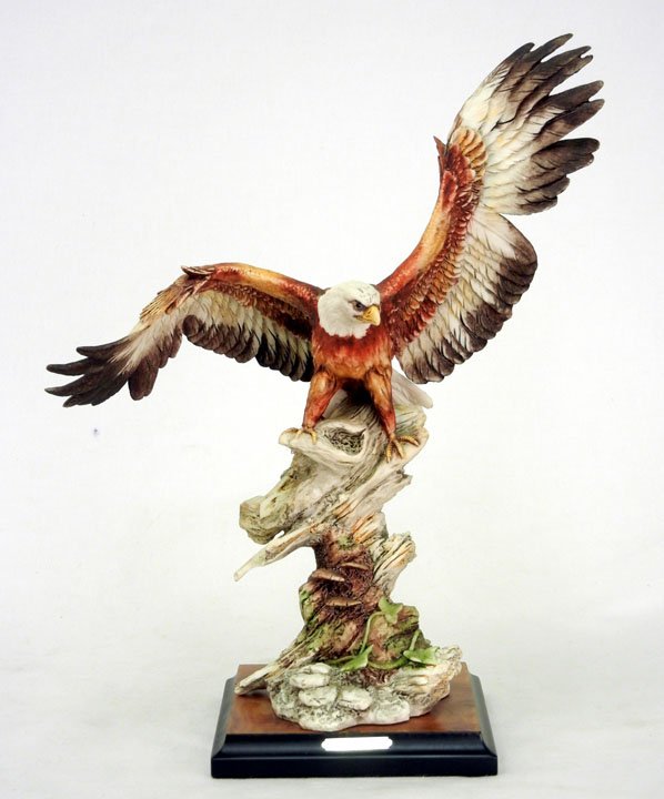 Giuseppe Armani eagle figurine, signed and dated 19: Giuseppe Armani eagle figurine, signed and dated 1989, blue mark on back, attached to wooden base with brass plaque, 13 1/2" high x 11" across