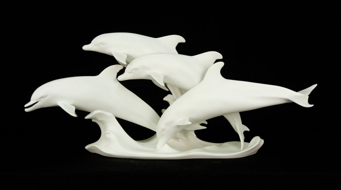 Kaiser bisque four dolphins figurine, marked in blu: Kaiser bisque four dolphins figurine, marked in blue "Kaiser W. Germany" "Limited Edition out of 3000 pcs. No. 498, sticker label on bottom, 8" high x 18 1/4" across