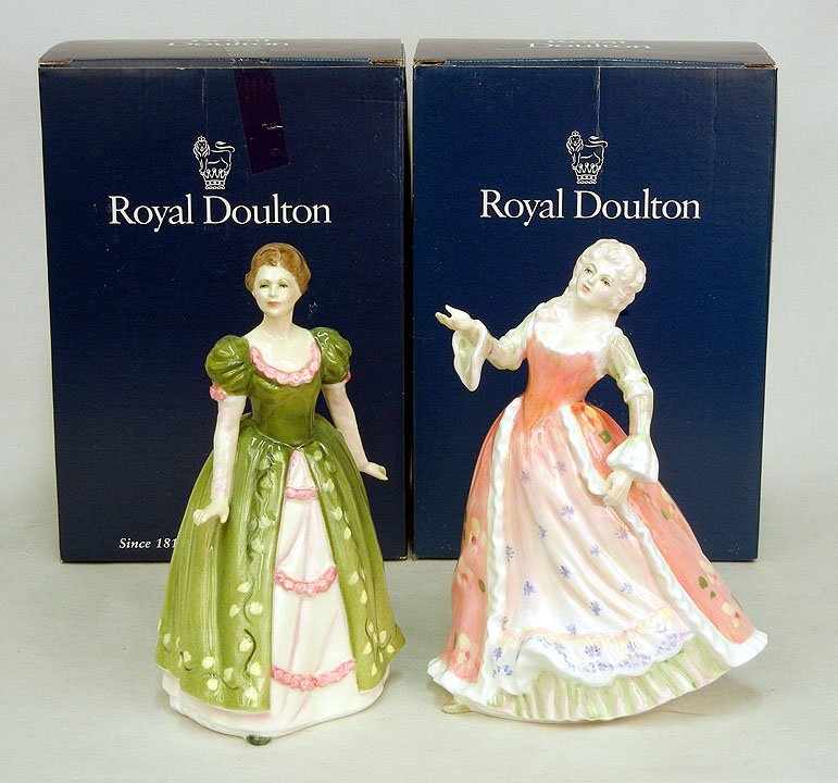 Two Royal Doulton figurines with original boxes, ": Two Royal Doulton figurines with original boxes, "Caroline" HN 3694, 8", C. 1995, and "Gemma" HN 3661, 8", C. 1994