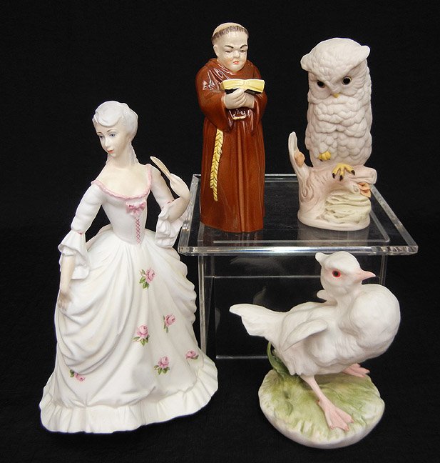 Cybis and Royal Worcester figurines, Cybis bird an: Cybis and Royal Worcester figurines, Cybis bird and owl, Royal Worcester lady with fan and monk, 7" and smaller