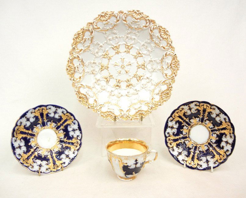 Four pieces of Meissen, all with blue underglaze c: Four pieces of Meissen, all with blue underglaze crossed swords mark and impressed numbers on bottom, largest measures 10 1/2" diameter