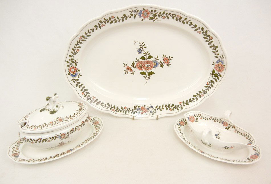 Meissen platter, gravy with attached underplate an: Meissen platter, gravy with attached underplate and sauce bowl with lid and attached underplate, blue underglaze crossed swords mark and impresssed numbers on bottom, 16 1/2" platter