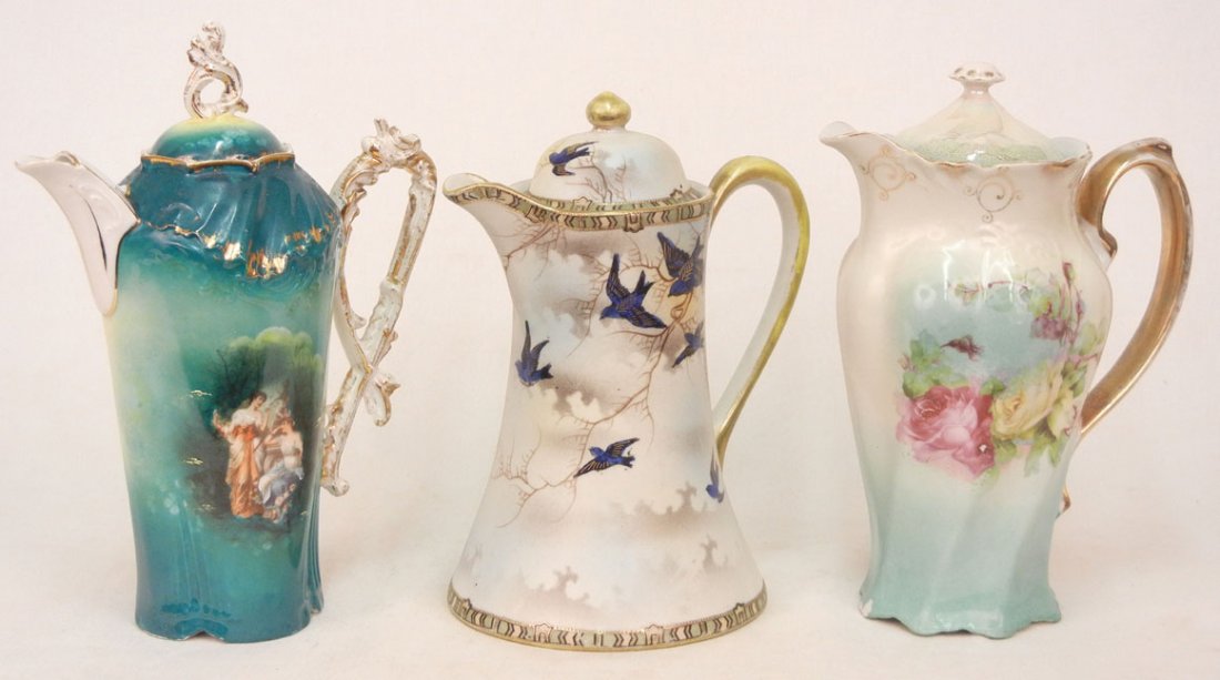 German, Bavarian and Japanese porcelain chocolate : German, Bavarian and Japanese porcelain chocolate pots, hand painted, each marked on bottom, late 19th to early 20th C., 10" high and smaller