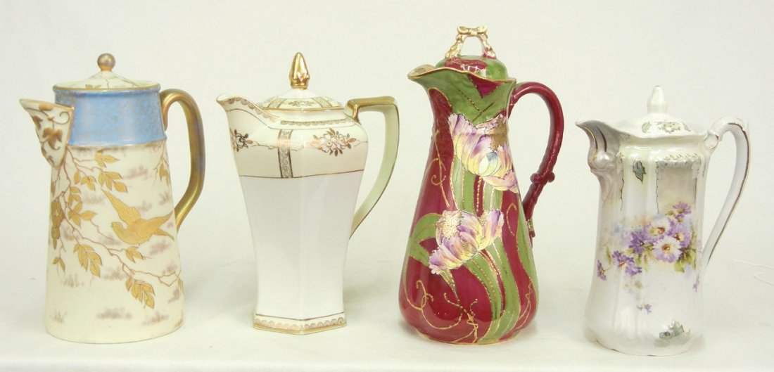 Four hand painted chocolate pots, Noritake, E.S. (: Four hand painted chocolate pots, Noritake, E.S. (Erdmann Schlegelmilch) Germany, and two unmarked, late 19th to early 20th C., 10 1/2" high and smaller
