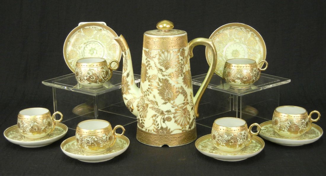 Thirteen piece Nippon chocolate set, gilt floral d: Thirteen piece Nippon chocolate set, gilt floral decoration, chocolate pot 8 1/2" high