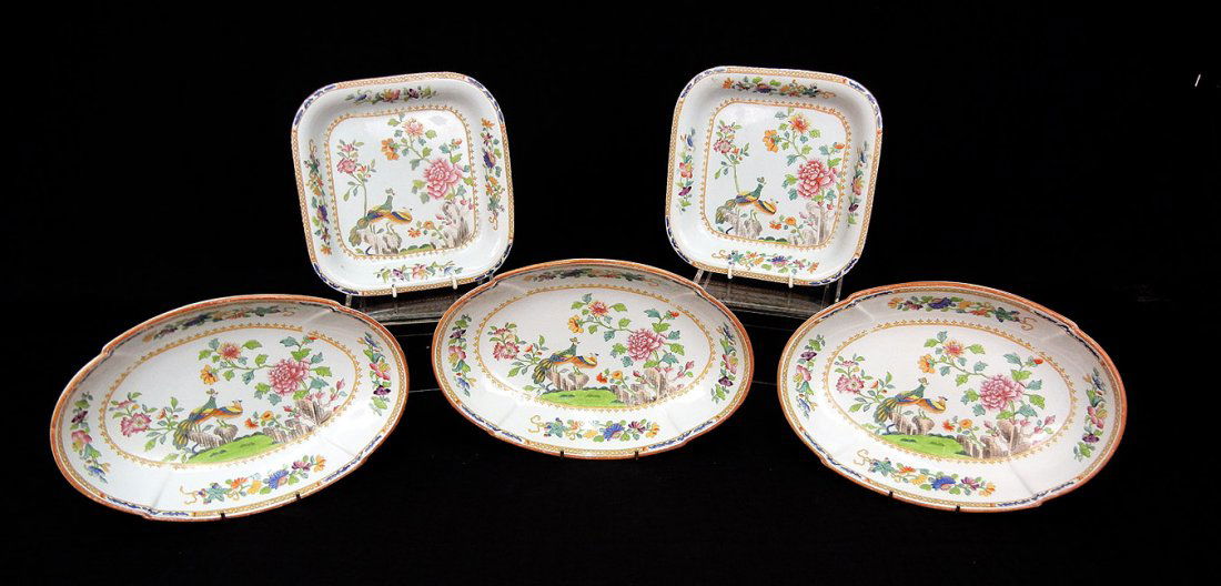 Five pieces of Spode Stone China "Peacock" includi: Five pieces of Spode Stone China "Peacock" including three "Peacock Scalloped" bowls 10 1/4", and two square dishes "Peacock Smooth" 7 3/4"
