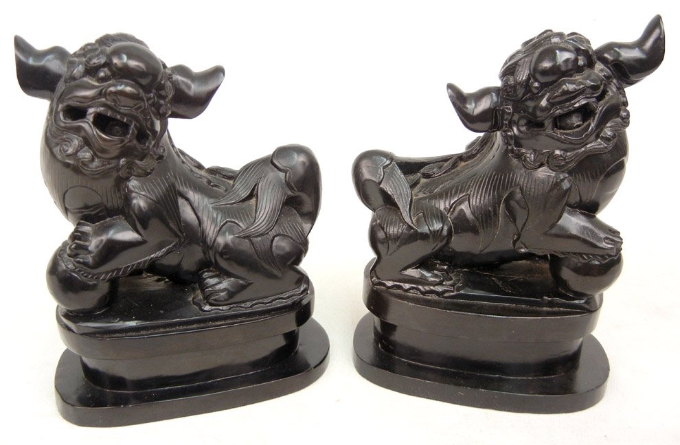 Pair of slate Chinese foo dogs on attached bases, : Pair of slate Chinese foo dogs on attached bases, 6 1/2" high