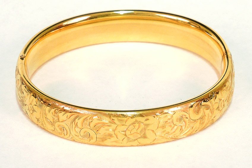 Edwardian gold bangle bracelet, hand engraved 14k : Edwardian gold bangle bracelet, hand engraved 14k gold hinged bangle, 1/2" wide, inside circumference is 7 1/2", original box and receipt from Karl Kempter, Philadelphia Pa. jeweler dated Sept. 3rd, 1