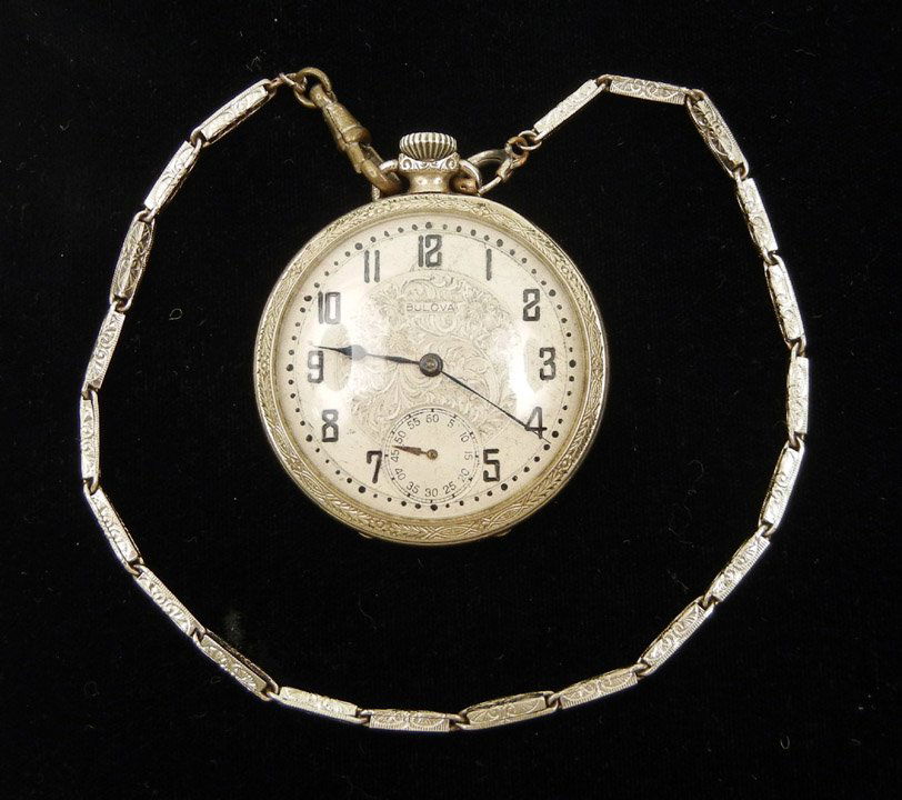 Bulova white gold filled pocket watch, open face,: Bulova white gold filled pocket watch, open face, 17 jewel Bulova movement number 65720, 1 3/4" diameter, 11" long white gold filled chain, early 20th C.